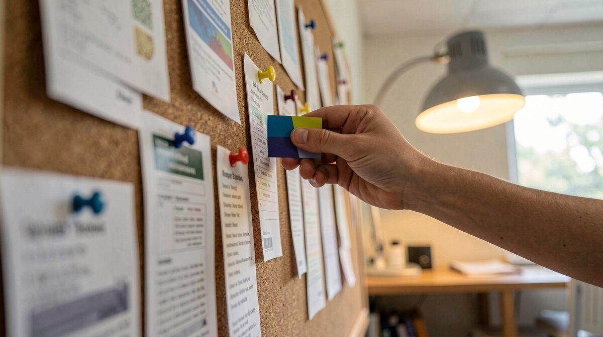 A hand pinning a colored card to the corkboard of a community desk, the pinned notices behind it soft and out of focus.