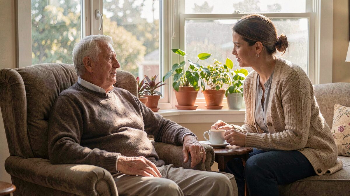 An older man in a brown sweater resting in an armchair by a sunny window, talking with a woman in a cream cardigan who holds a cup of tea, potted plants along the sill.