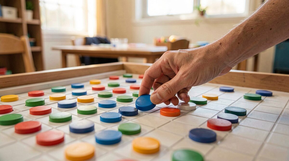 A volunteer placing a colored magnet on the weekly grid of a community room rota board, each color a short defined task.