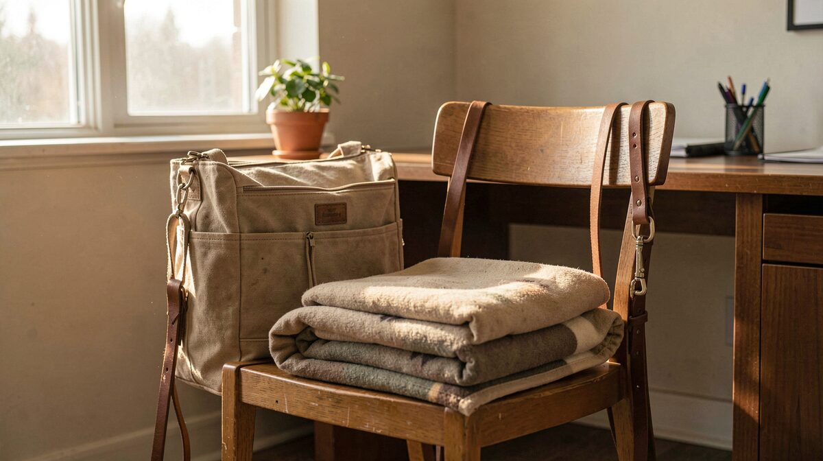 A canvas pet carrier and a folded fleece blanket waiting on a chair in a family service office, the leash of the animal it came with looped over the chair back.